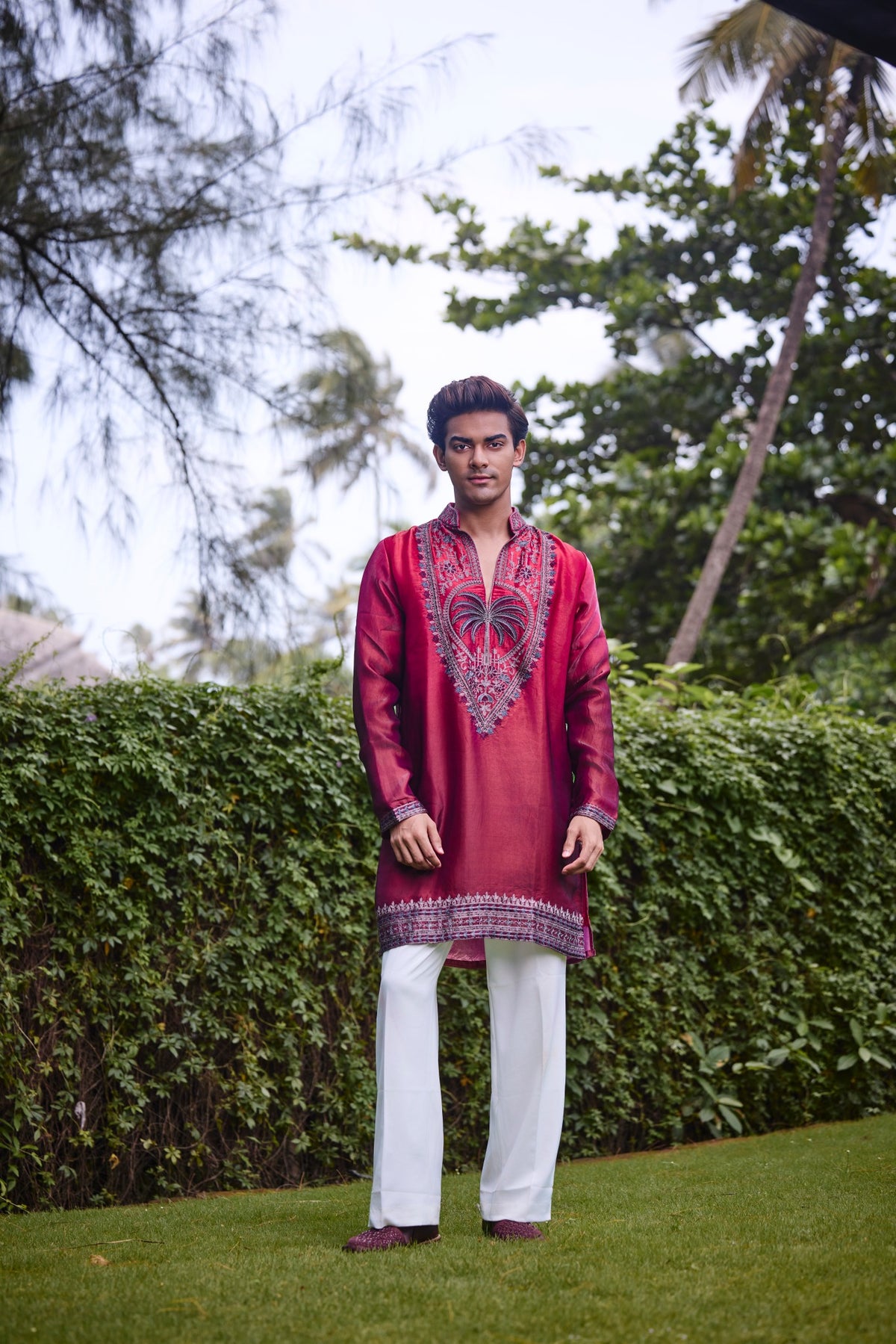 Wine Red Embroidered Festive Kurta