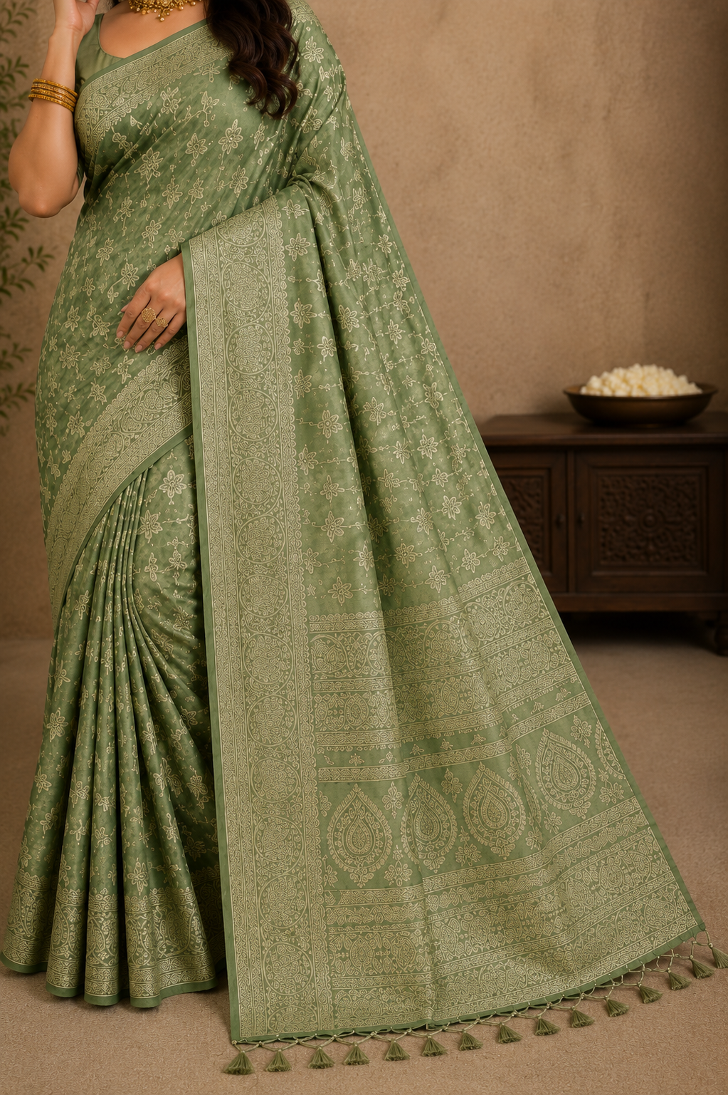 Sage Green Saree with Elegant Gold Zari Woven Border & Pallu