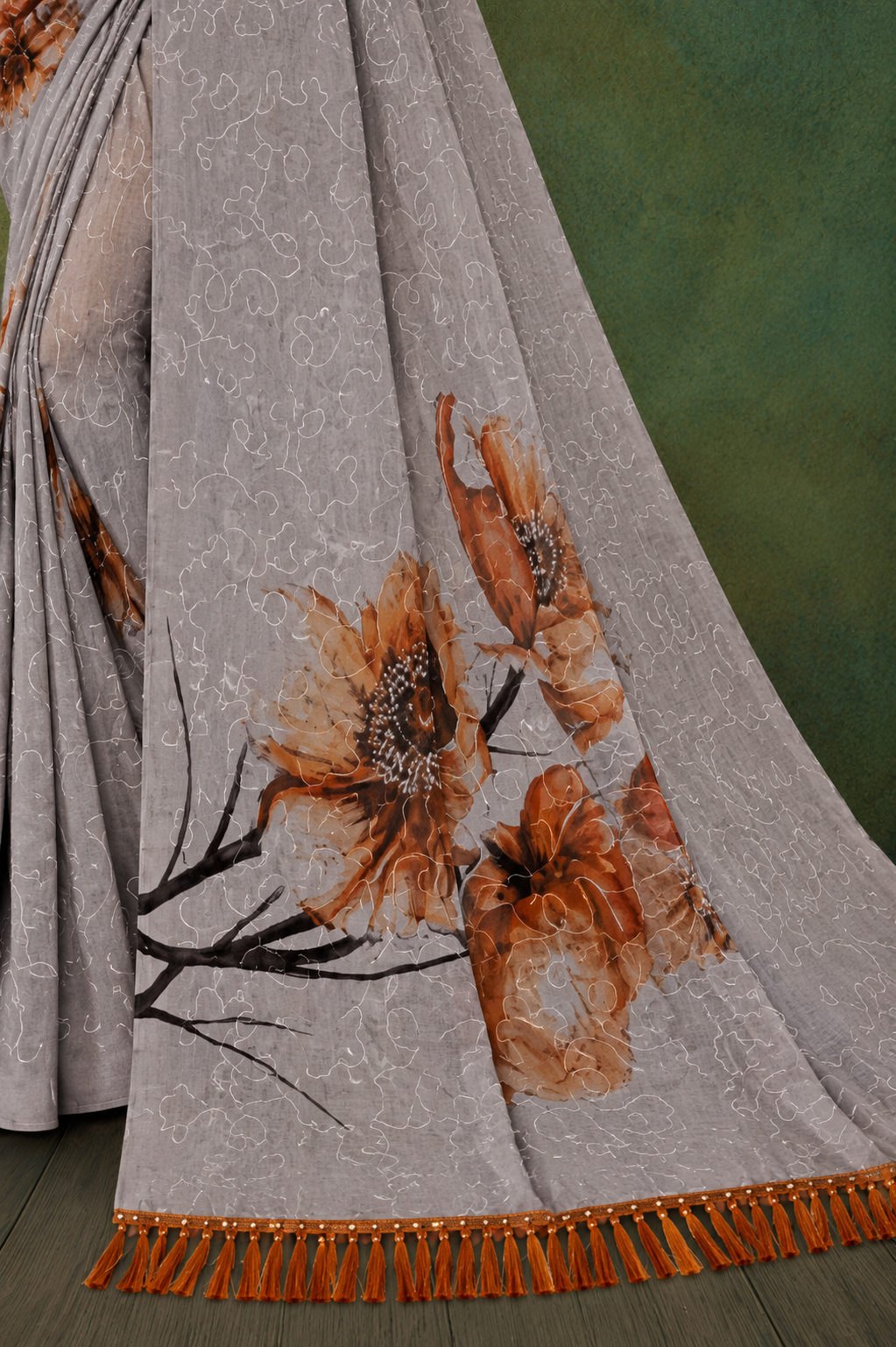 Elegant Grey Organza Embroidery Saree with Floral Print