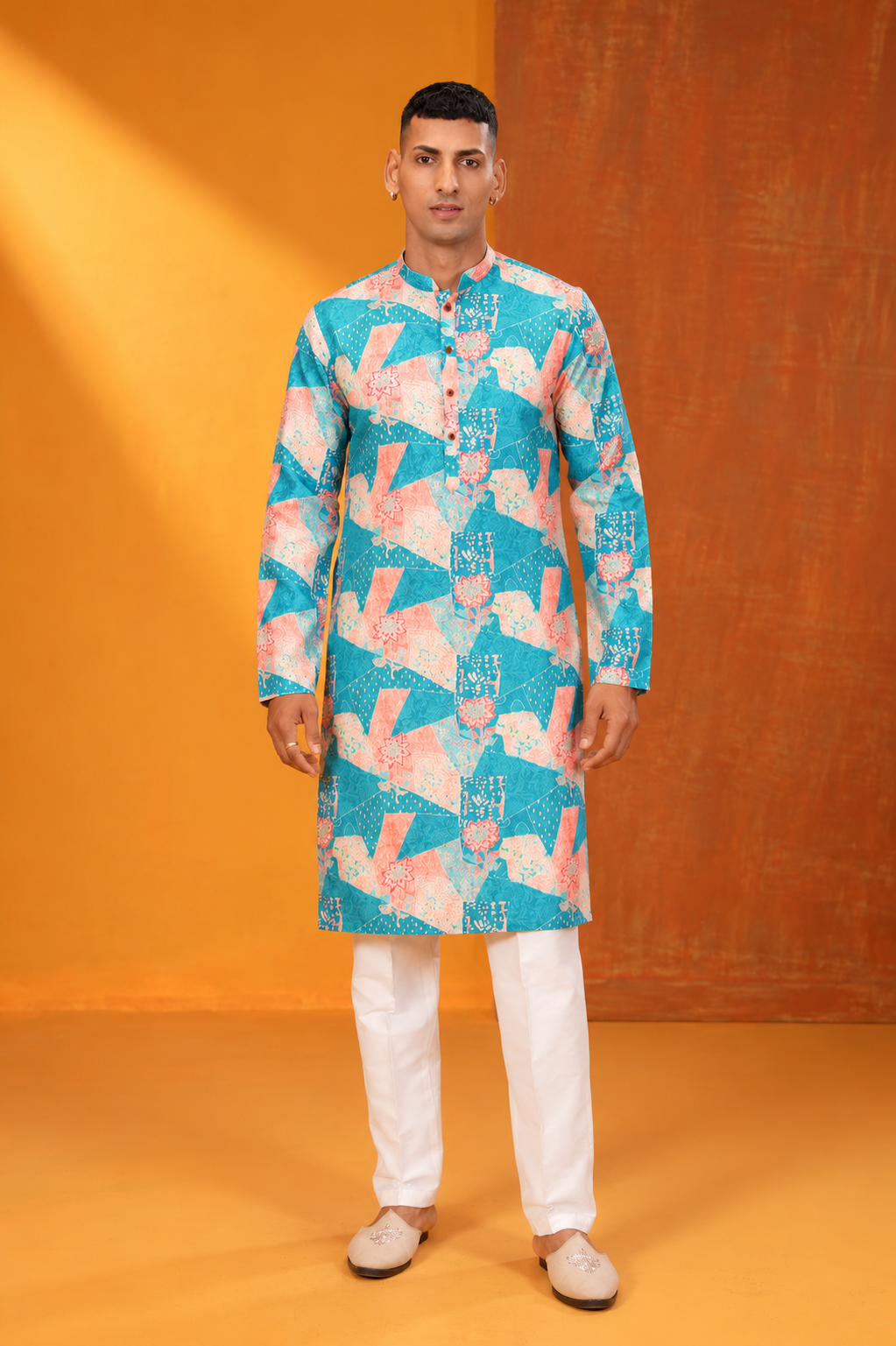 Teal & Coral Printed Men’s Festive Kurta Set
