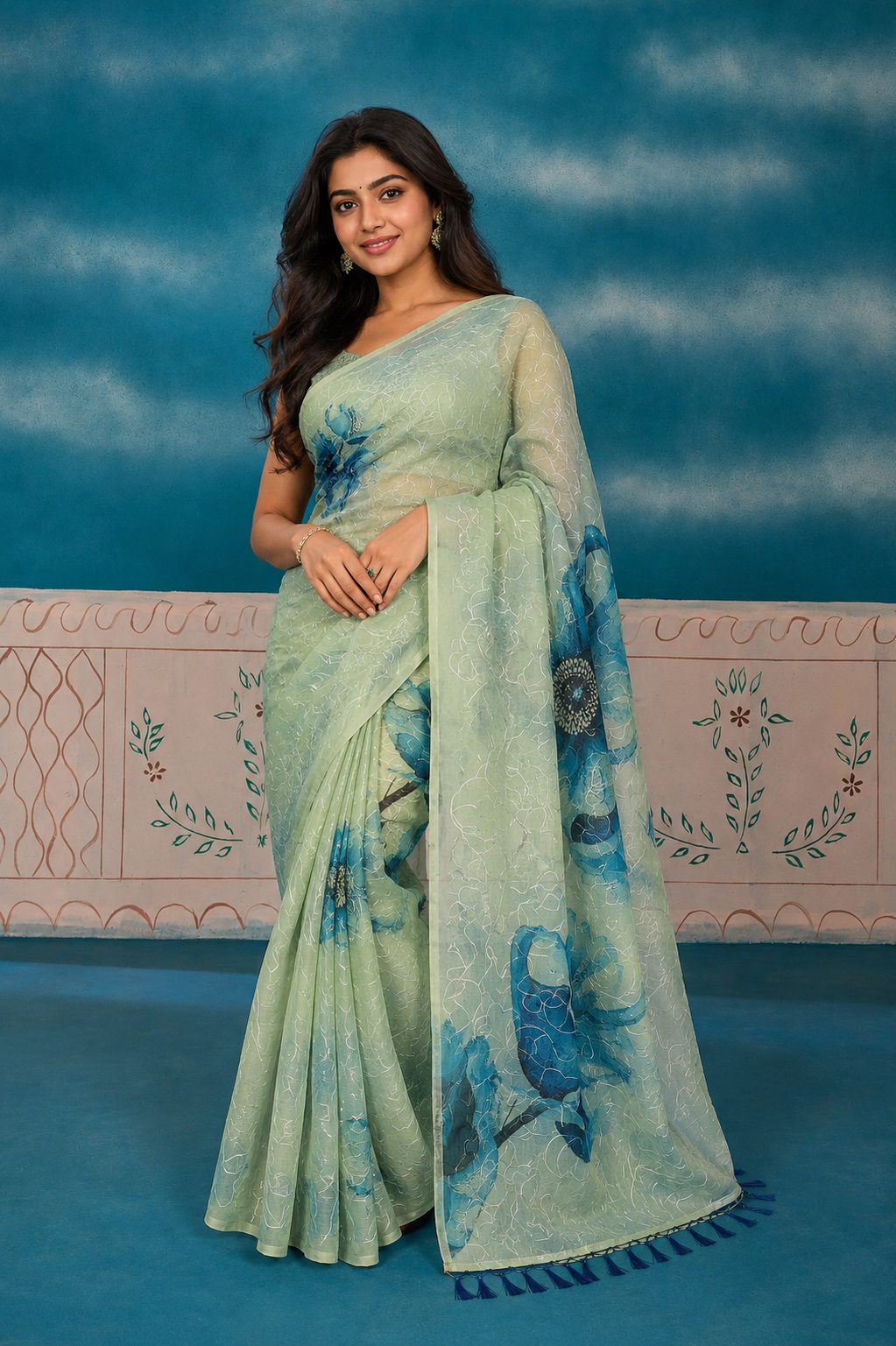 Mint Green Floral Organza Embroidery Saree