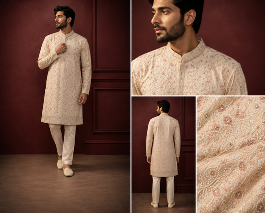 Off-White All-Over Sequin & Threadwork Embroidered Silk Kurta Set for Men