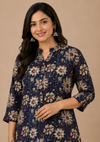 Navy Blue Floral Printed Cotton Blend Kurti for Women