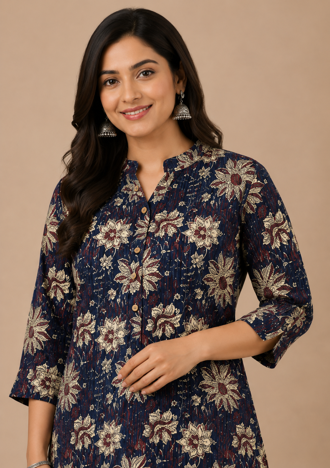 Navy Blue Floral Printed Cotton Blend Kurti for Women
