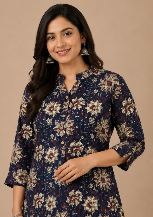 Navy Blue Floral Printed Cotton Blend Kurti for Women
