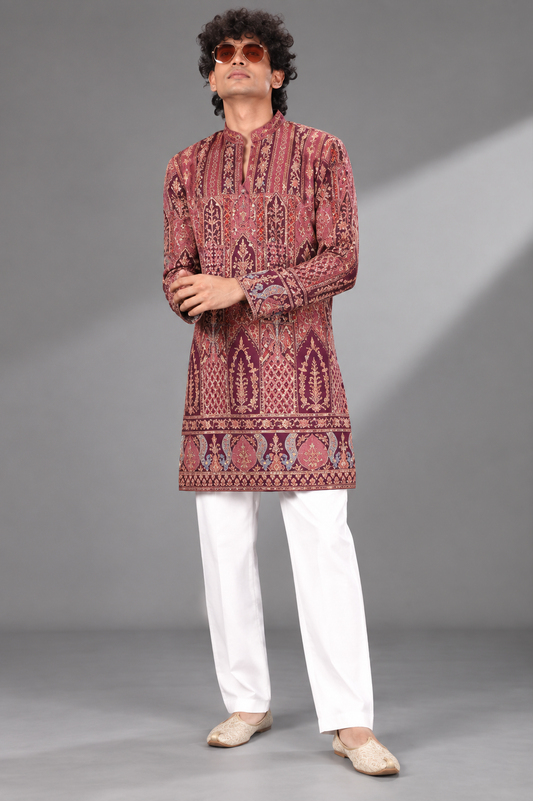 Maroon Printed Festive Kurta
