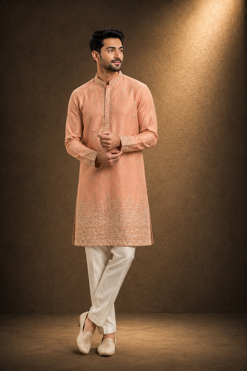 Peach Embroidered Kurta for Men