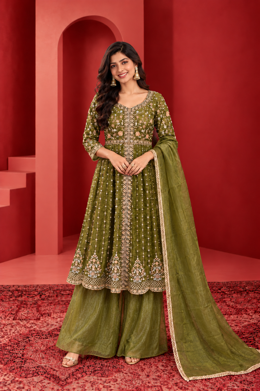 Elegant Olive Green Embroidered Anarkali Palazzo Set with Dupatta