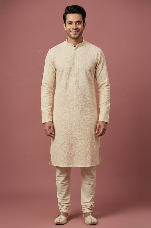 Men’s Ivory Textured Festive Kurta