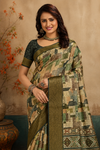 Elegant Olive Green & Beige Printed Blend Saree with Rich Golden Zari Borde