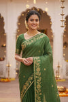 Green Checked Silk Saree with Floral Zari Border