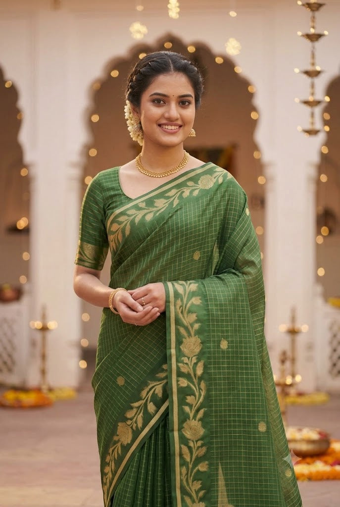 Green Checked Silk Saree with Floral Zari Border