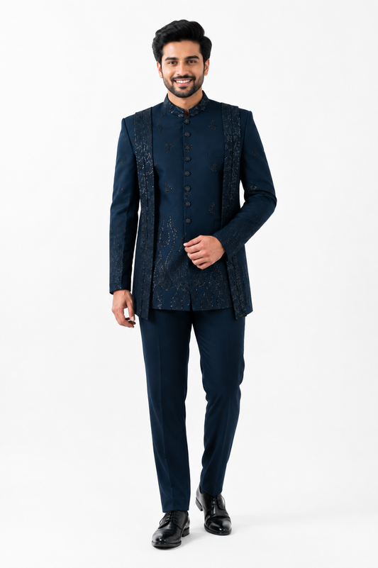 Navy Blue Embroidered Indo-Western Jodhpuri Suit