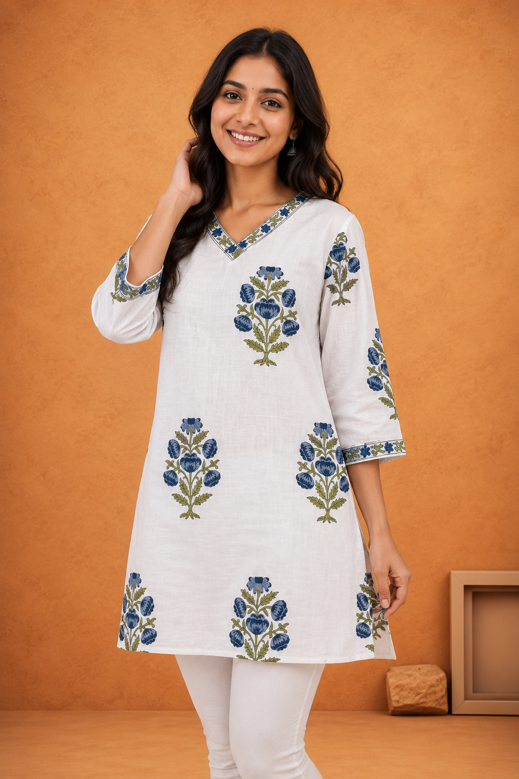 Women's White Floral Printed Straight Kurti