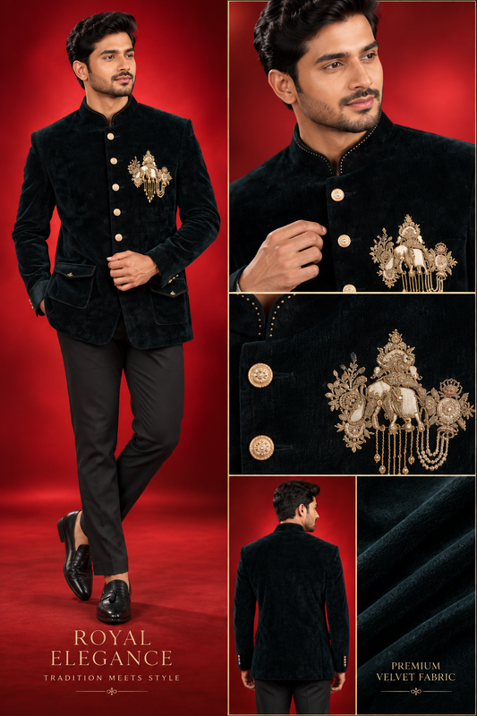 Black Velvet Embroidered Jodhpuri Suit