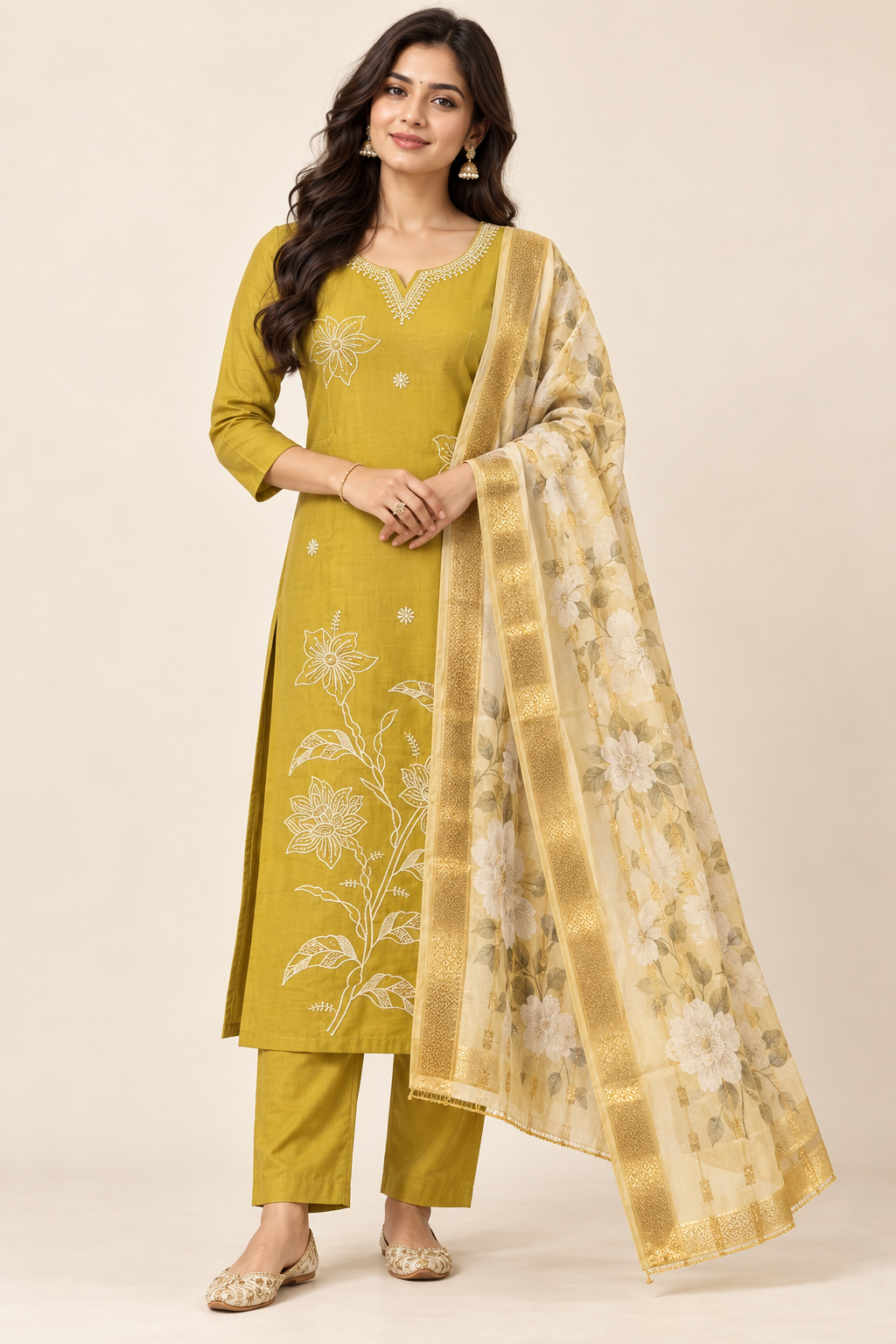Mustard Yellow Embroidered Kurta Pant Set with Floral Dupatta