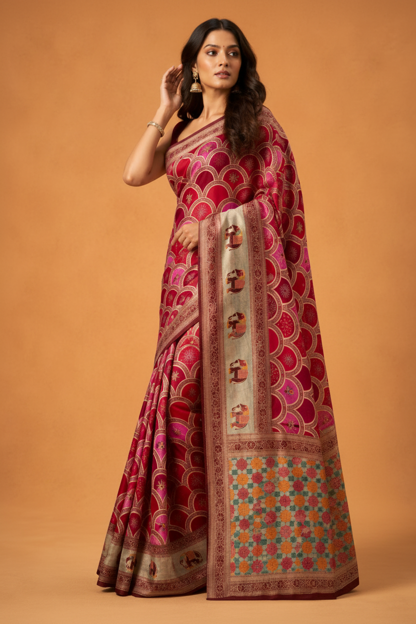 Royal Wine Pink Designer  with Artistic Heritage Pallu