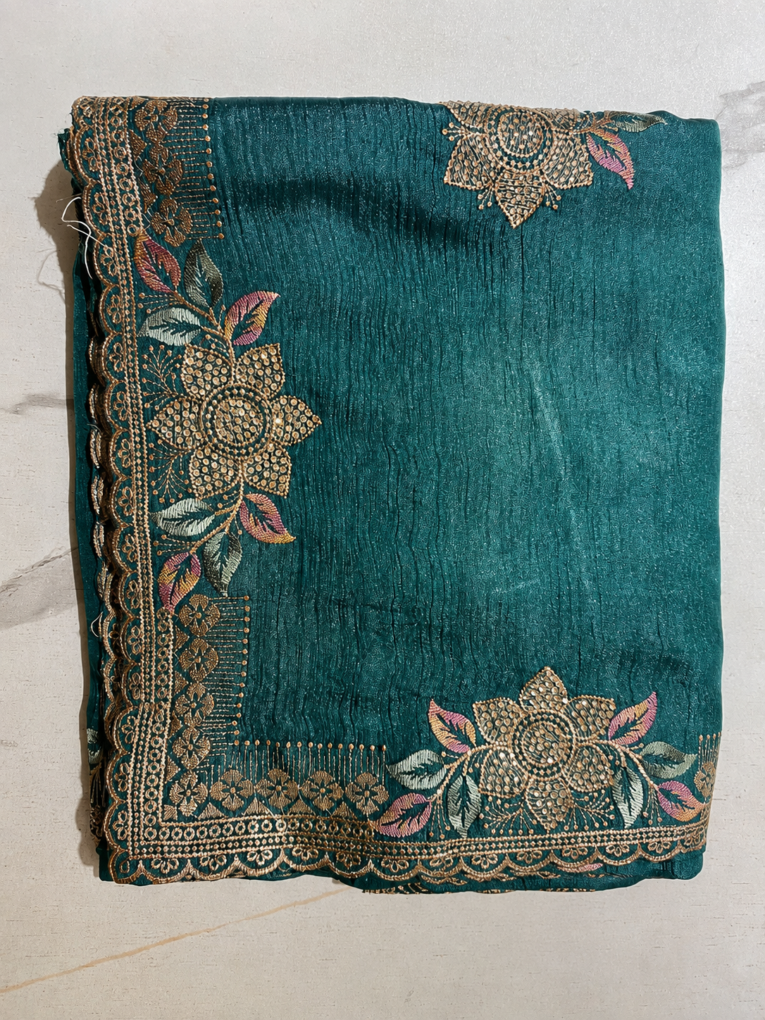 Embroidered Silk Blend Saree with Elegant Floral Zari Border