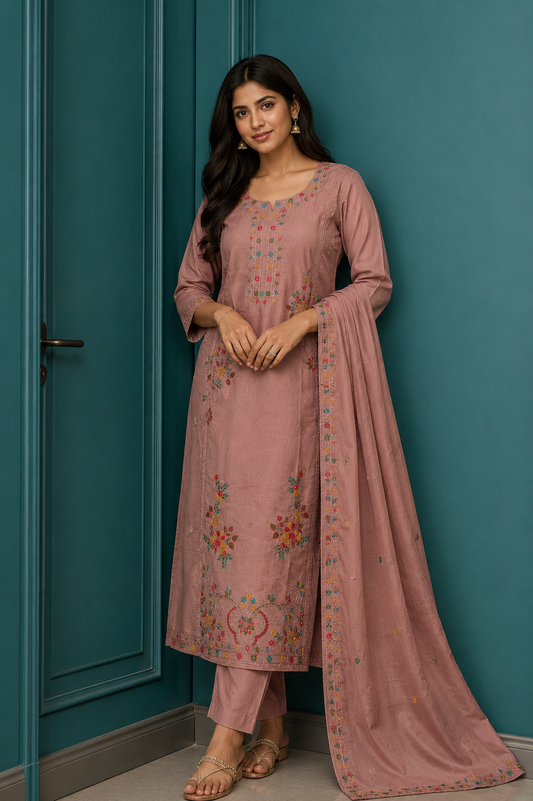 Dusty Rose Floral Embroidered Kurta, Pant & Dupatta Set