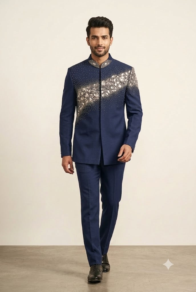 : Men’s Navy Blue Embellished Indo-Western Suit