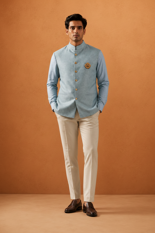 Men Steel Blue Plain Self Textured Shirt Jacket Set
