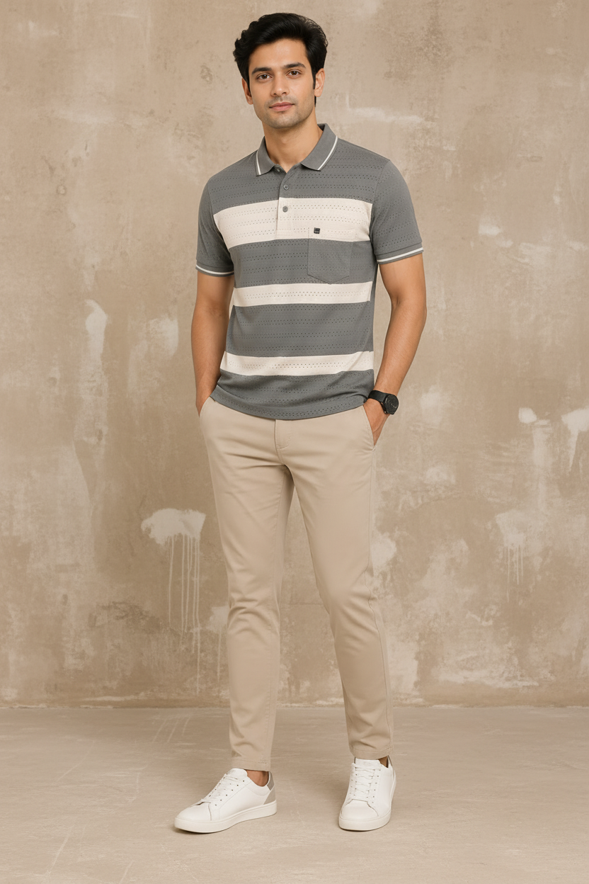 Men’s Grey & Off White Striped Polo T-Shirt