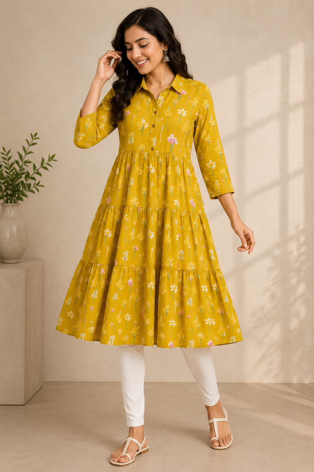 Mustard Yellow Floral Tiered Cotton Kurti