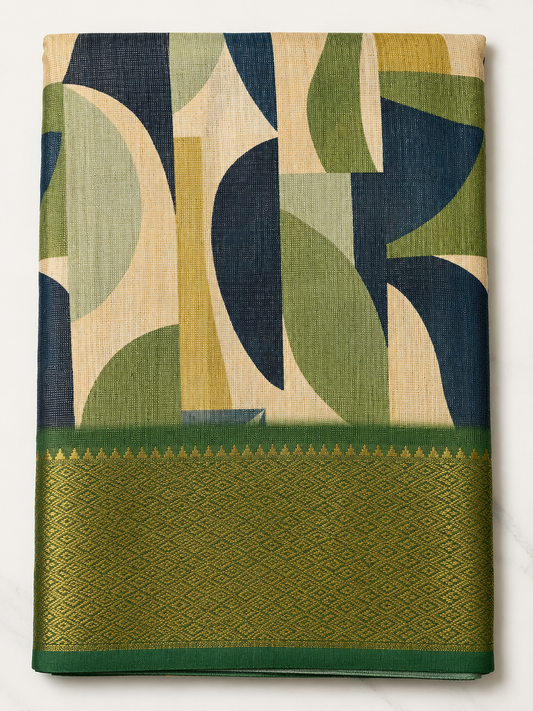 Elegant Green & Navy Blue Abstract Printed Blend Saree with Rich Golden Zari Border
