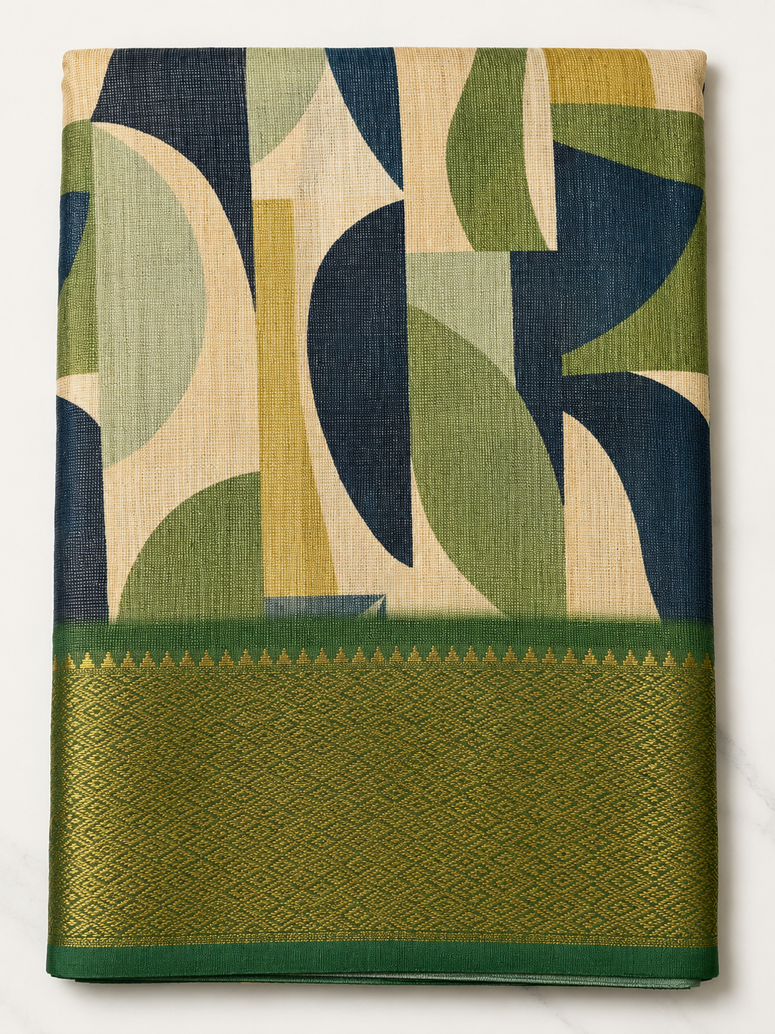 Elegant Green & Navy Blue Abstract Printed Blend Saree with Rich Golden Zari Border