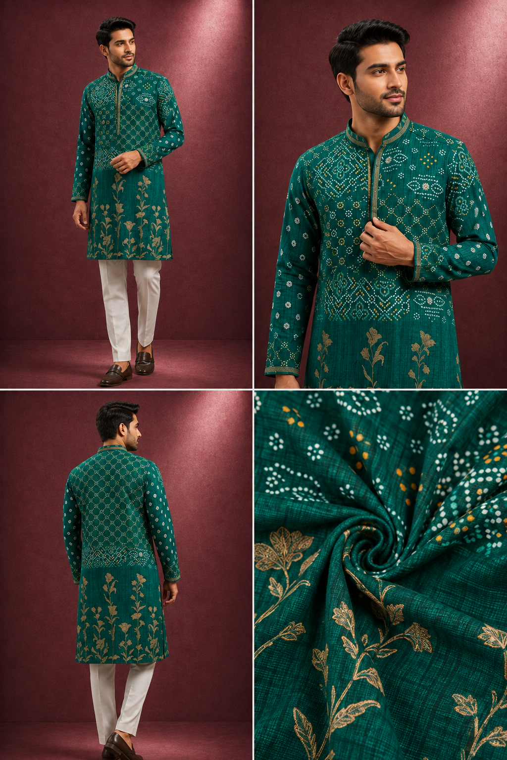Teal Green Bandhani Printed & Floral Embroidered Kurta