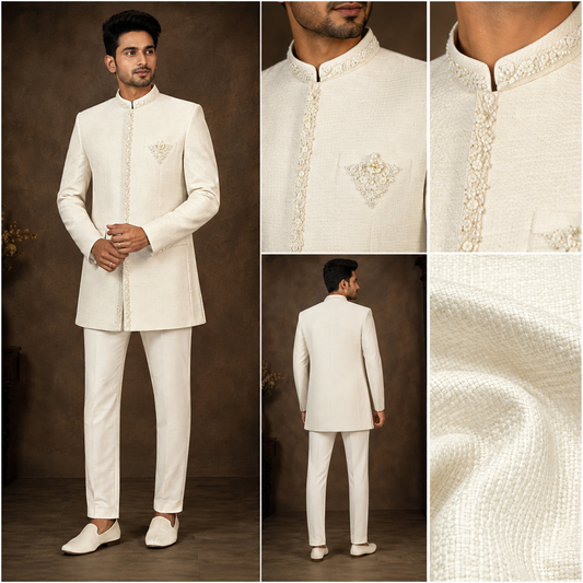 Ivory Textured Indo-Western Sherwani Set