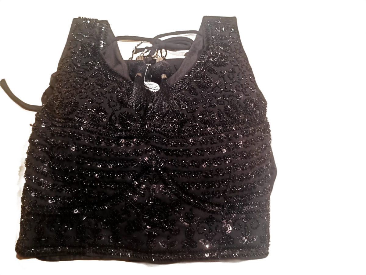 Women's Black Sequin Crop Top & Flared Georgette Skirt Set