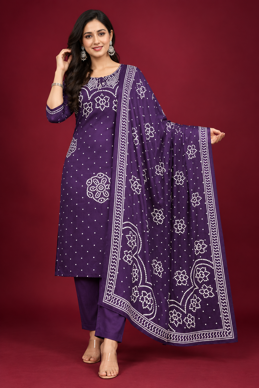 Royal Purple Bandhani Print Kurta Set with Dupatta