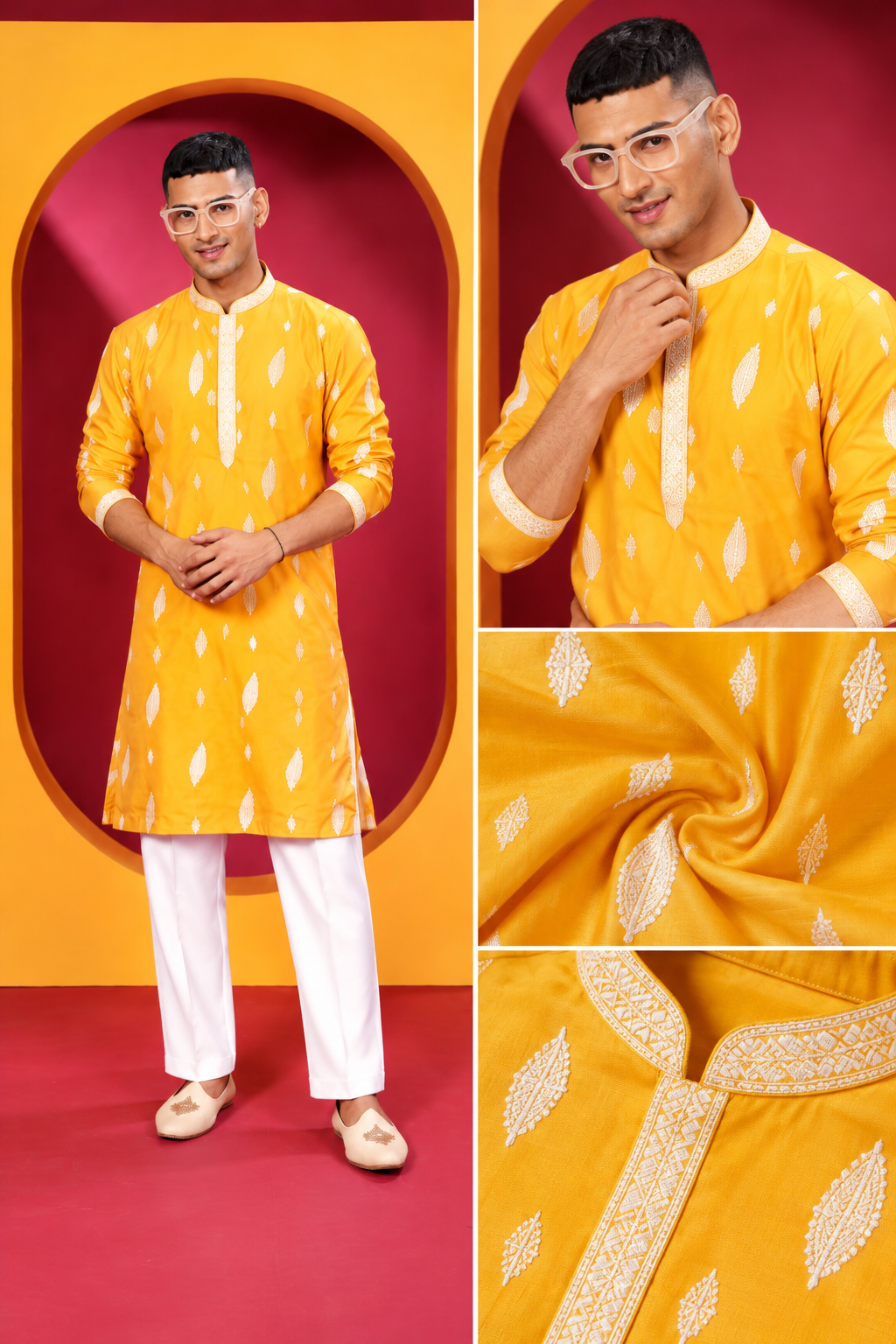 Men's Premium Mustard Yellow Printed Kurta with White Pant Set
