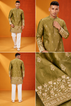 Premium Olive Green Embroidered Kurta Set for Men
