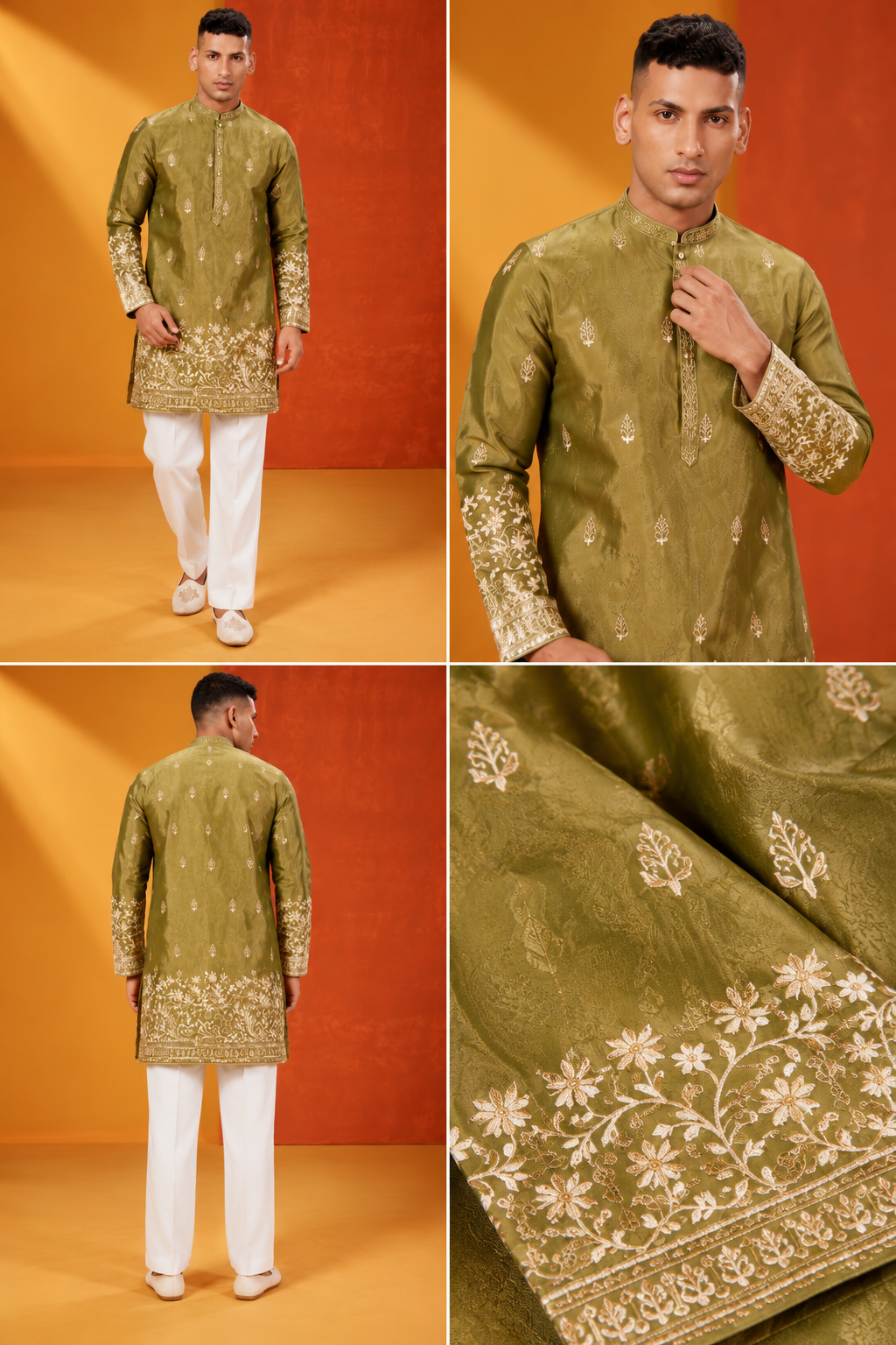 Premium Olive Green Embroidered Kurta Set for Men