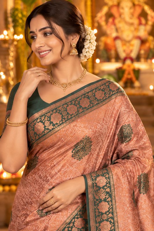Elegant Peach Silk Saree with Green Zari Border