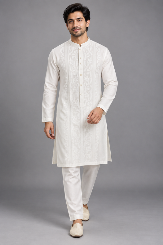 Men’s Ivory White Embroidered Kurta