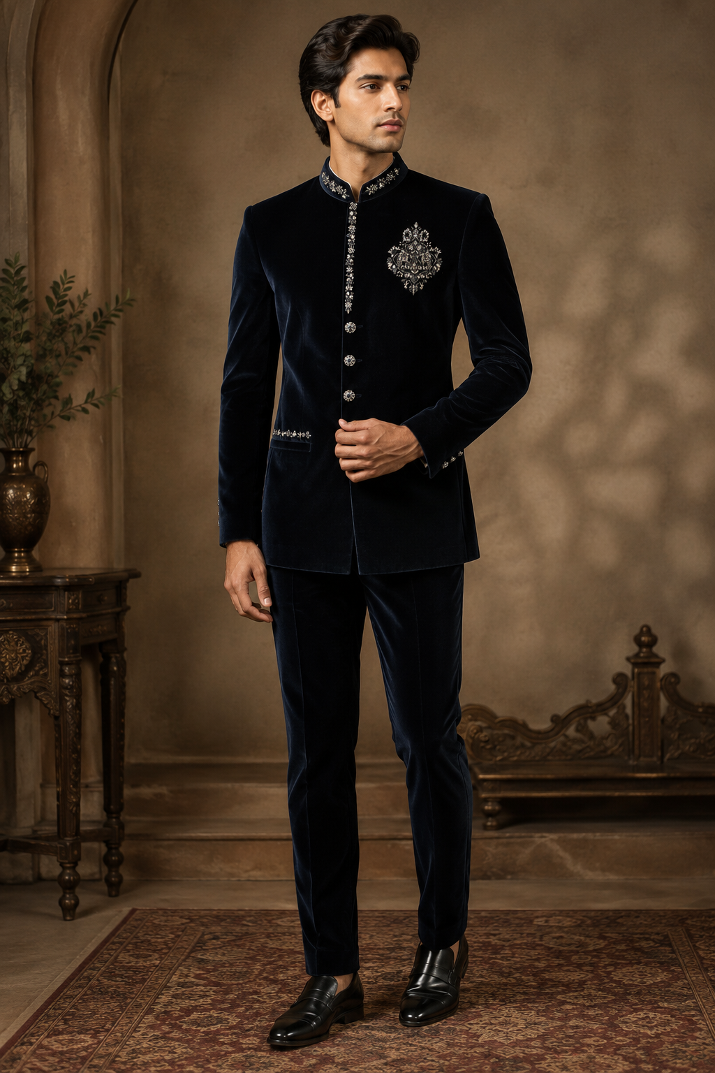 Midnight Navy Velvet Embroidered Jodhpuri Suit