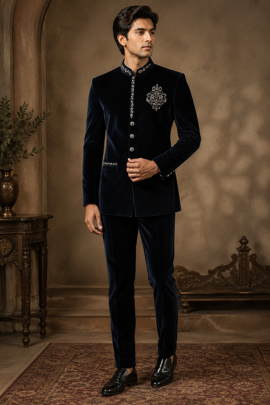 Midnight Navy Velvet Embroidered Jodhpuri Suit