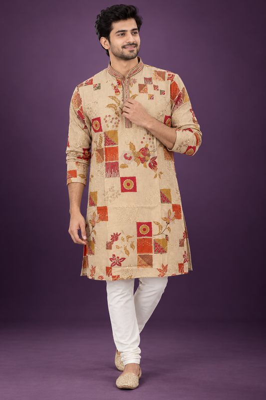 Beige Multicolor Printed Festive Kurta