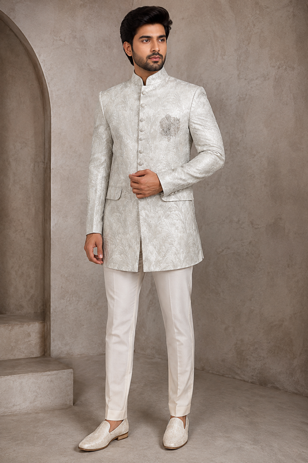 Ivory Floral Jacquard Jodhpuri Bandhgala Set