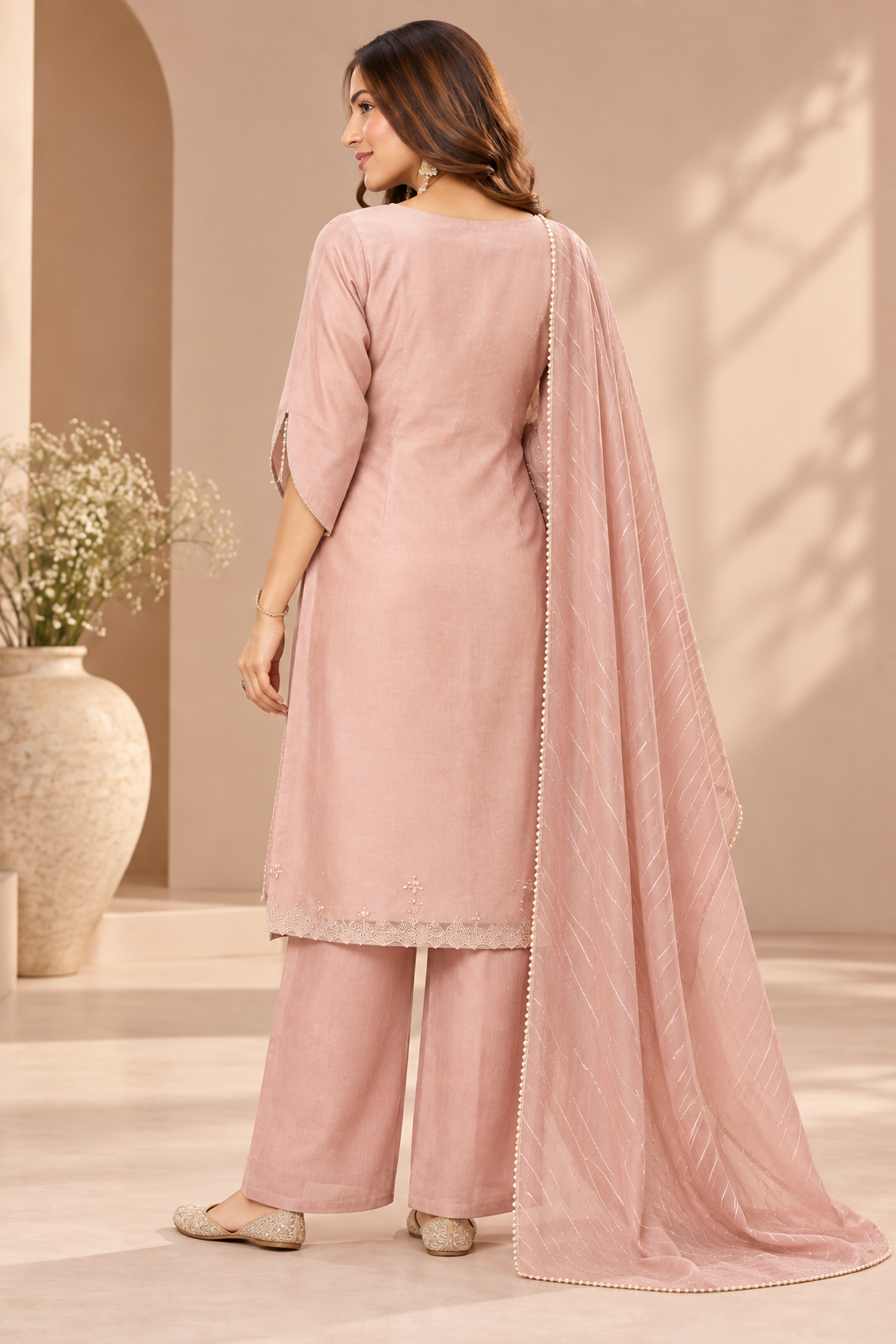 Dusty Pink Embroidered Palazzo Suit Set