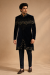 Navy Blue Velvet Embroidered Indo-Western Sherwani Set