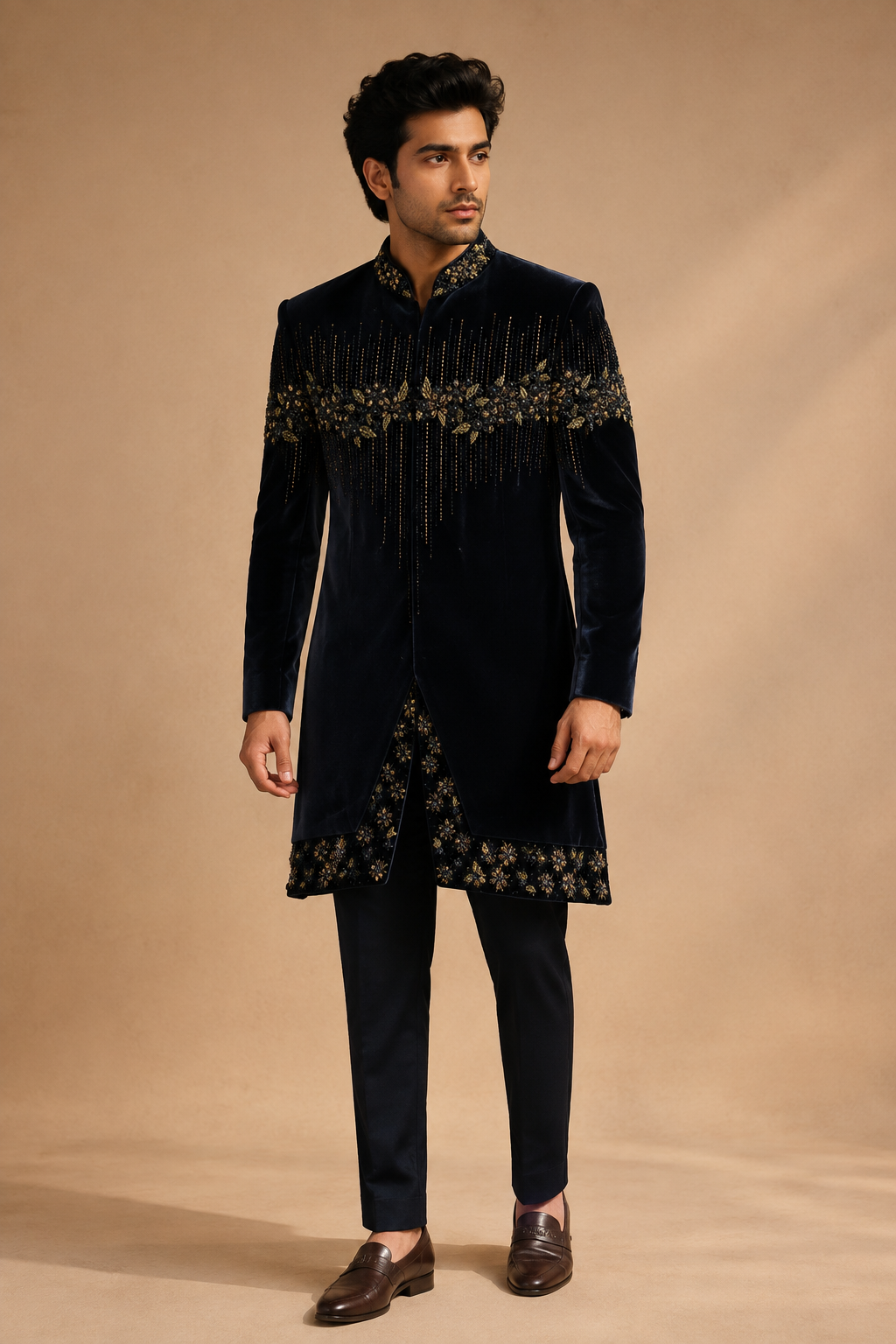 Navy Blue Velvet Embroidered Indo-Western Sherwani Set