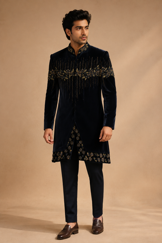 Navy Blue Velvet Embroidered Indo-Western Sherwani Set
