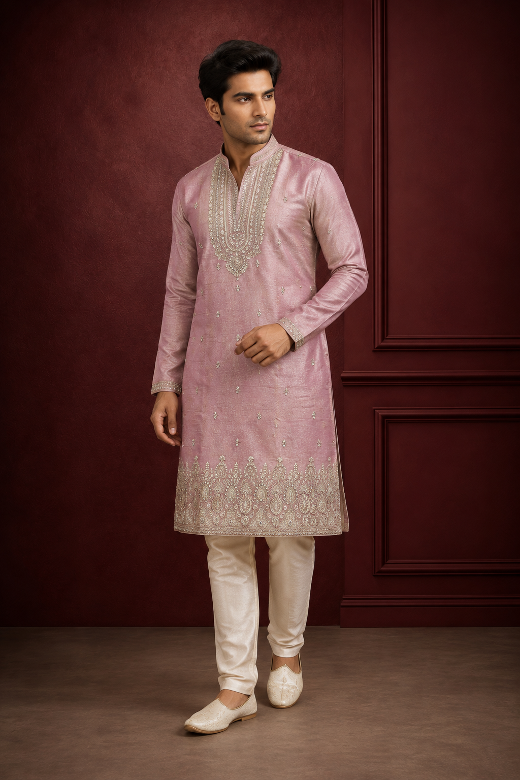 Elegant Rose Pink Embroidered Men’s Kurta Set