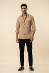Men's Beige Striped Utility Shirt – Graphic Chest Print & Flap Pockets