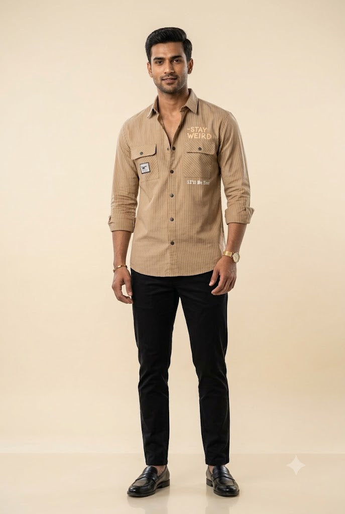 Men's Beige Striped Utility Shirt – Graphic Chest Print & Flap Pockets