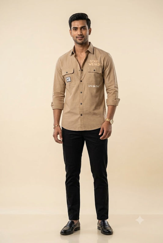 Men's Beige Striped Utility Shirt – Graphic Chest Print & Flap Pockets